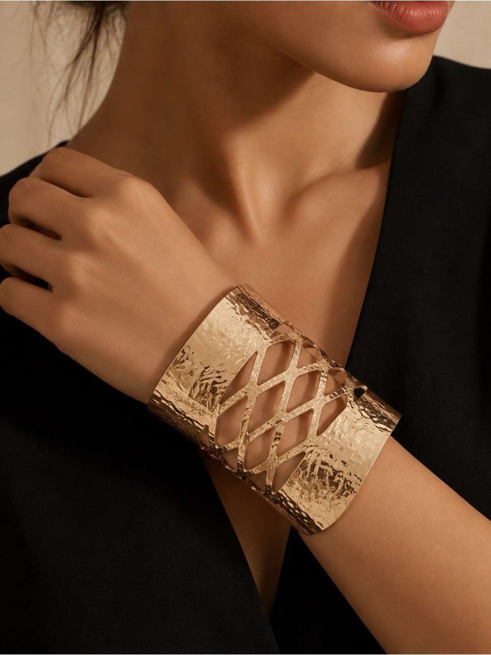 Gold Tone Hammered Openwork Wide Cuff Bracelet Boho Statement Jewelry